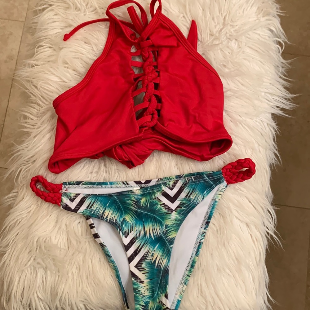 Red top Tropical bottoms bikini